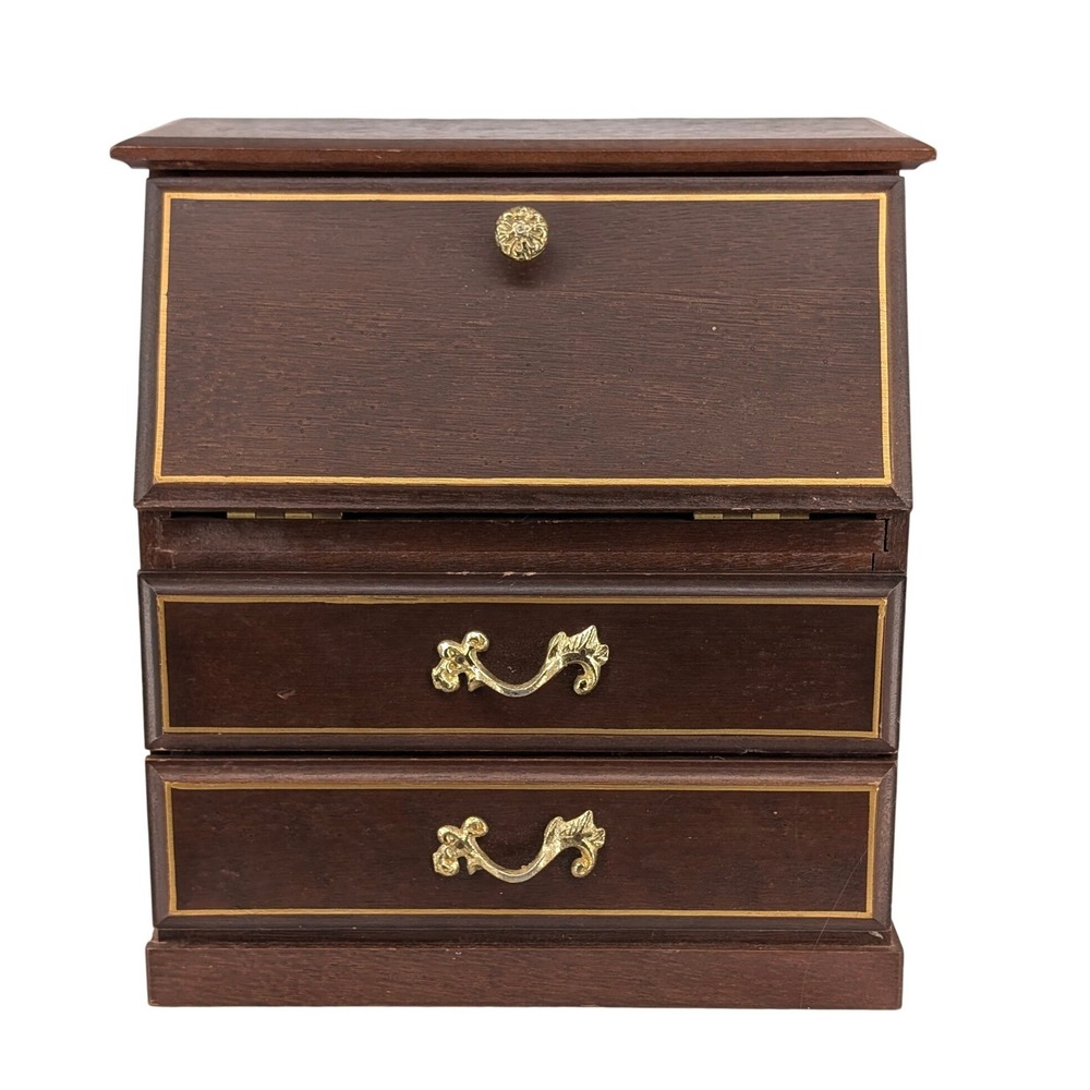 Vintage Wood Secretary Desk Jewelry Box Brown Gold Trim Japan Miniature Decor